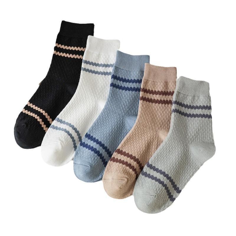 5/10 Paar Herren Doppelstrick Jacquard Streifen Mittelwaden Socken Herbst Gekämmte Baumwollsocken Bequem