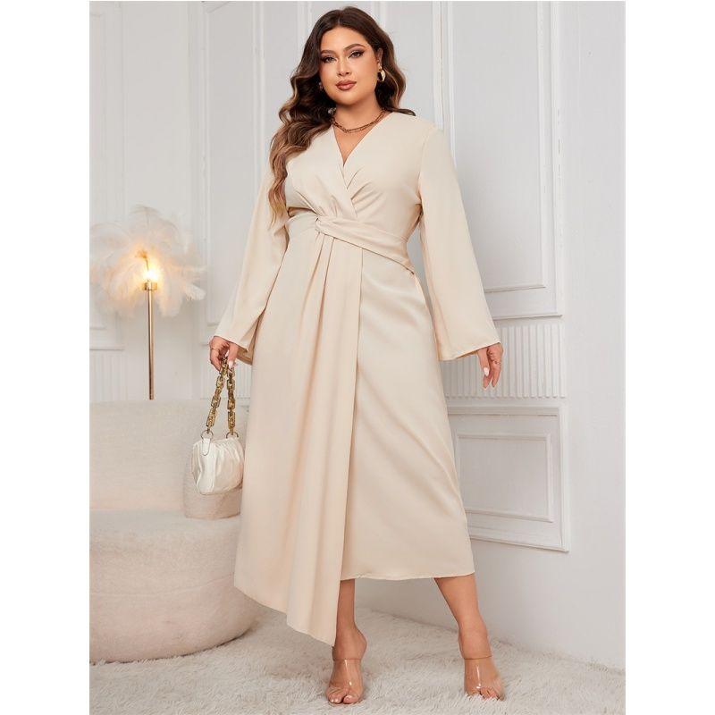 

XL-4XL Women Dress Ladies Skirt Temperament Waist-Controlled Silm Asymmetrical Cut Maxi Dress for Women Apricot 4XL
