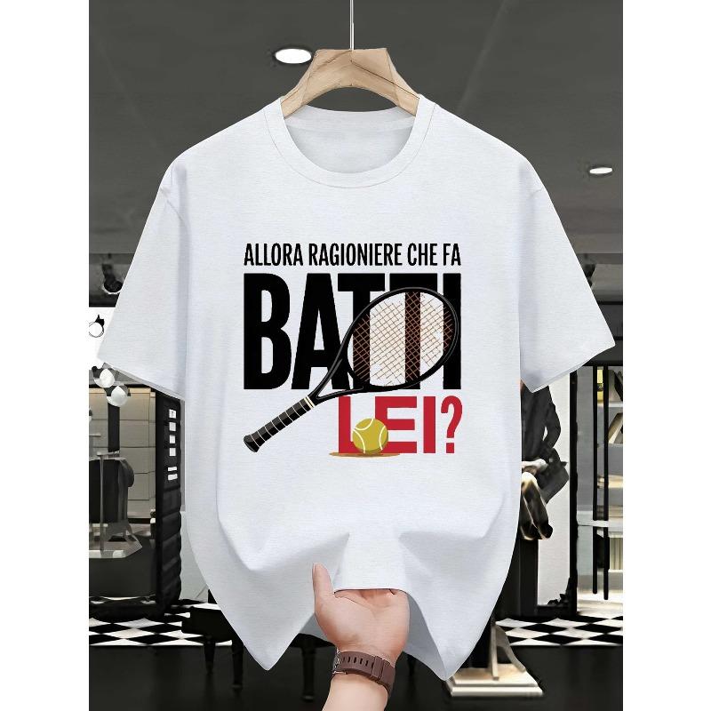 Bold Italian Quote Tennis Energy Print Tee Shirt, Tees for Men, Casual Short Sleeve T-shirt for Summer