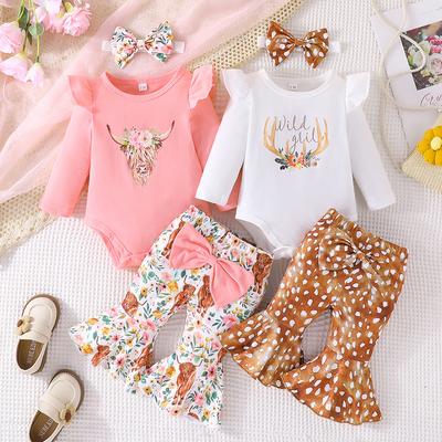 Spring Fashion Casual Baby Girl Cow Head Print Long Sleeve Romper + Flared Pants Three-Piece Set