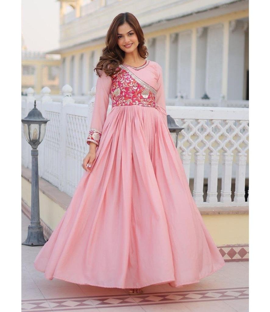 Damski designerski strój imprezowy Garnitur Suknia Anarkali Indyjski Bollywood Chinon z drukowaną Kurtą