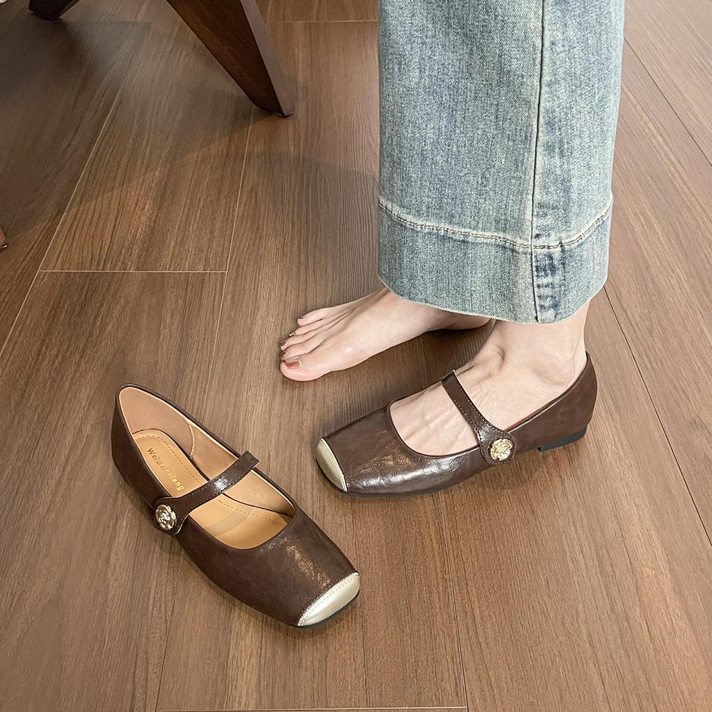 Square head shallow mouth Mary Jane shoes with flat sole single shoes women's soft sole
