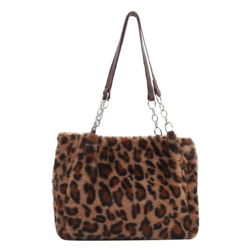 Niche Design, Autumn and Winter New Styles, Plush Chain Bag, Women's, Casual Versatile, Leopard Print Tote Bag, Commuting Shoulder Bag