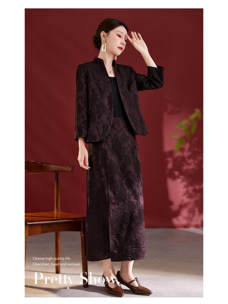 Autumn 2025 Women's Silk Jacquard Retro Slit Bodycon Midi Skirt