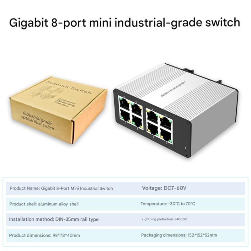 Industrial Mini 8 Port Gigabit Ethernet Switches Aluminum Shell Din Rail Mount PoE Switches For Tight Space