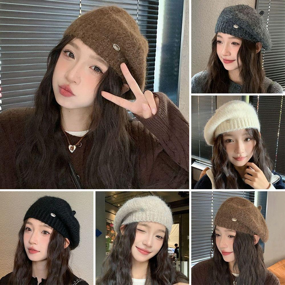

Solid Color Plain Cap Warm French Artist Hat Winter Knitted Berets Hat for Women темно-сірий колір