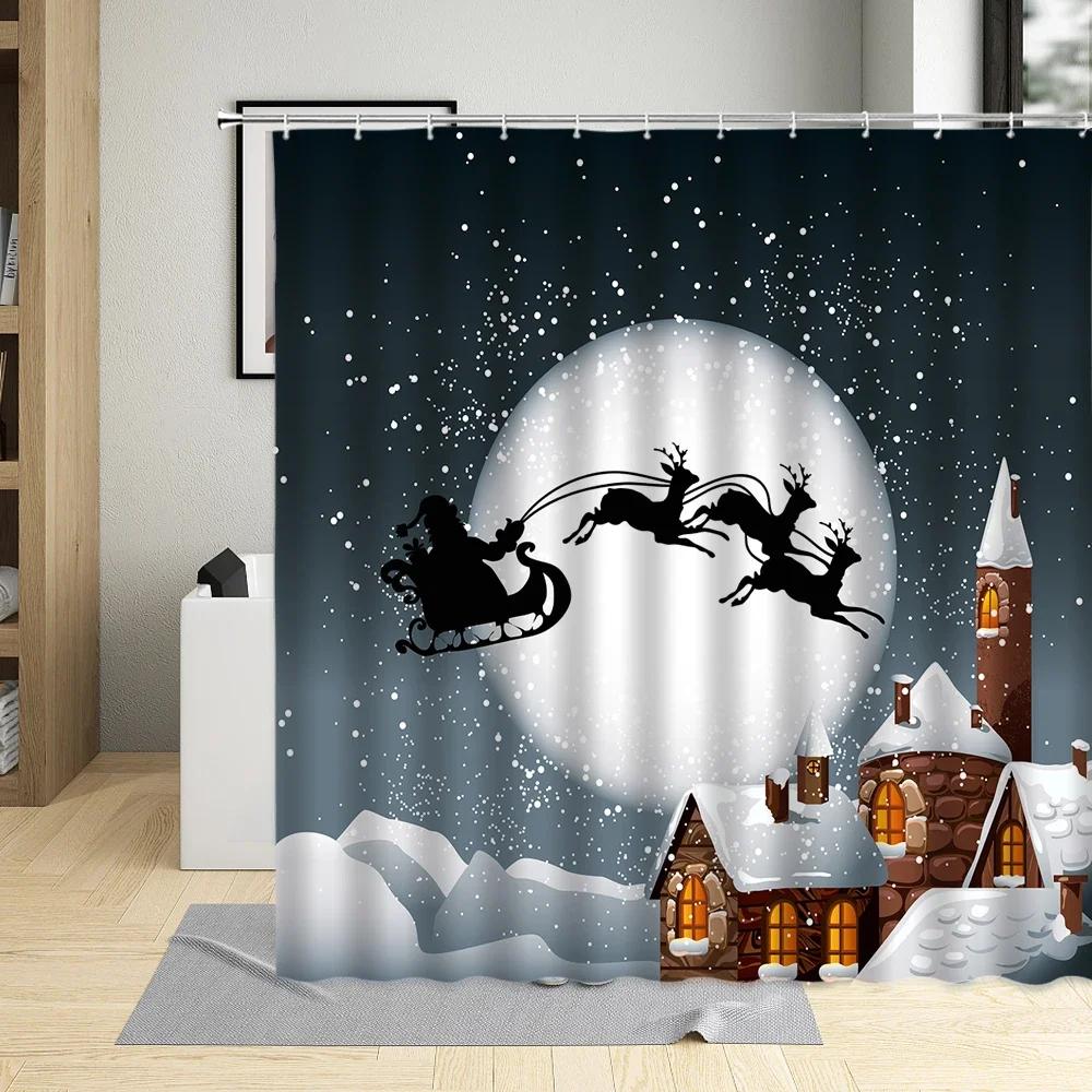 Merry Christmas Shower Curtain Santa Claus Elk Snow Scenery Tree Holiday Gift Red Decor Wall Cloth Bathroom Screen Curtains Sets