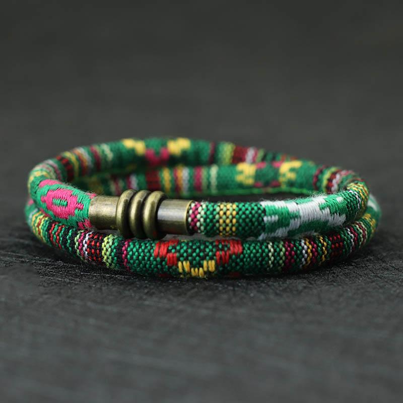 

New Bohemia Cord Chain Bracelet Men Women 6mm Double Layer Tibetan Symbols Ethnic Braclet Magentic Clasp Fabric Braslet Pulseria 21.5cm 8.5In зелений