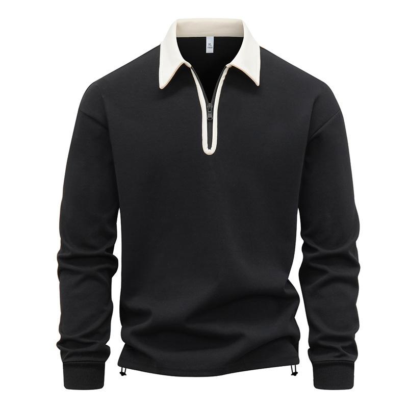 Men Long Sleeve Half Zip Polo Sweatshirt Casual Contrast Collar Pullover Top M чёрный