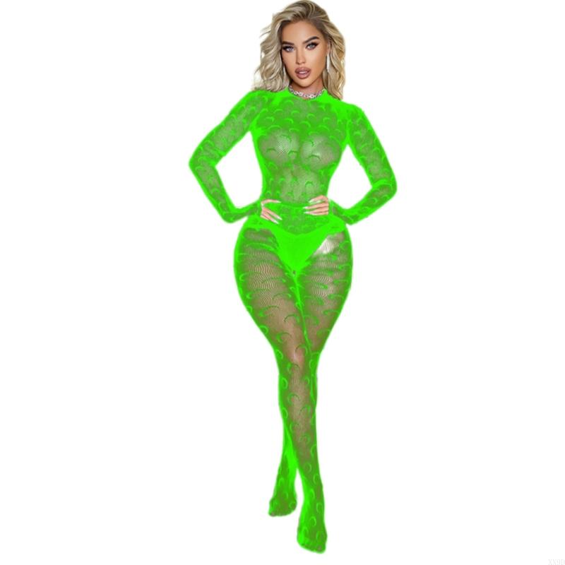 Women Sheer Mesh Bodystocking Moon Patterned Lingerie Long Sleeve See Through Bodysuit Fishnet Jumpsuit Tights
