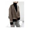 Women Loose Thick Plaid Color Block V Neck Long Sleeve Knitted Cardigan Sweater Coat