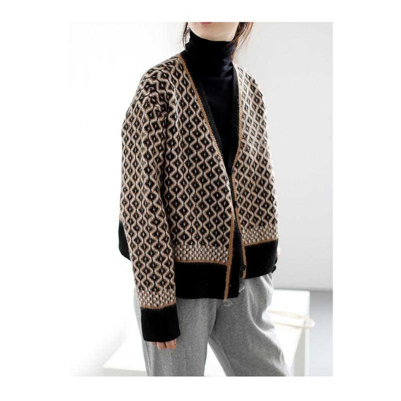 Women Loose Thick Plaid Color Block V Neck Long Sleeve Knitted Cardigan Sweater Coat