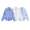 European and American women's clothing 1116 summer simple wind lapel pleated waist striped commuter pleated shirt top women