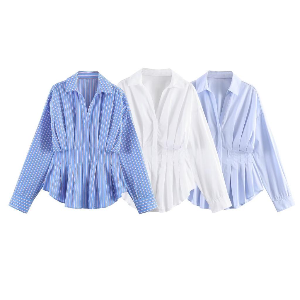 European and American women's clothing 1116 summer simple wind lapel pleated waist striped commuter pleated shirt top women