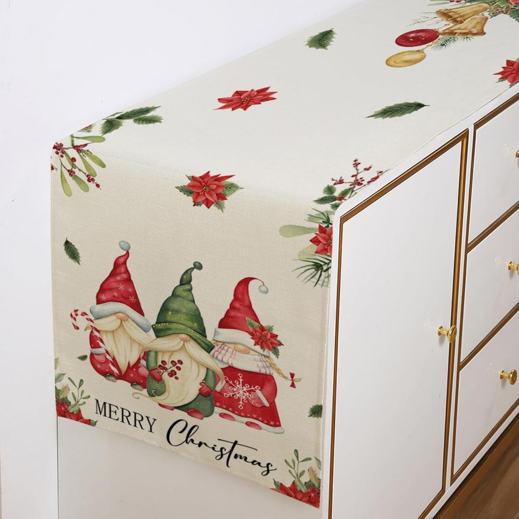 Christmas Gnomes Table Runner 13x72 Inch, Merry Christmas Poinsettia Winter Kitchen Dinning Table Decoration for Home Party Decor