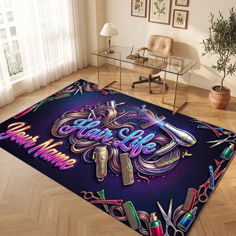 Barber Salon Theme Soft Crystal Velvet Rug Custom Name & Text Print Non Slip Floor Rug for Bedroom Living Room