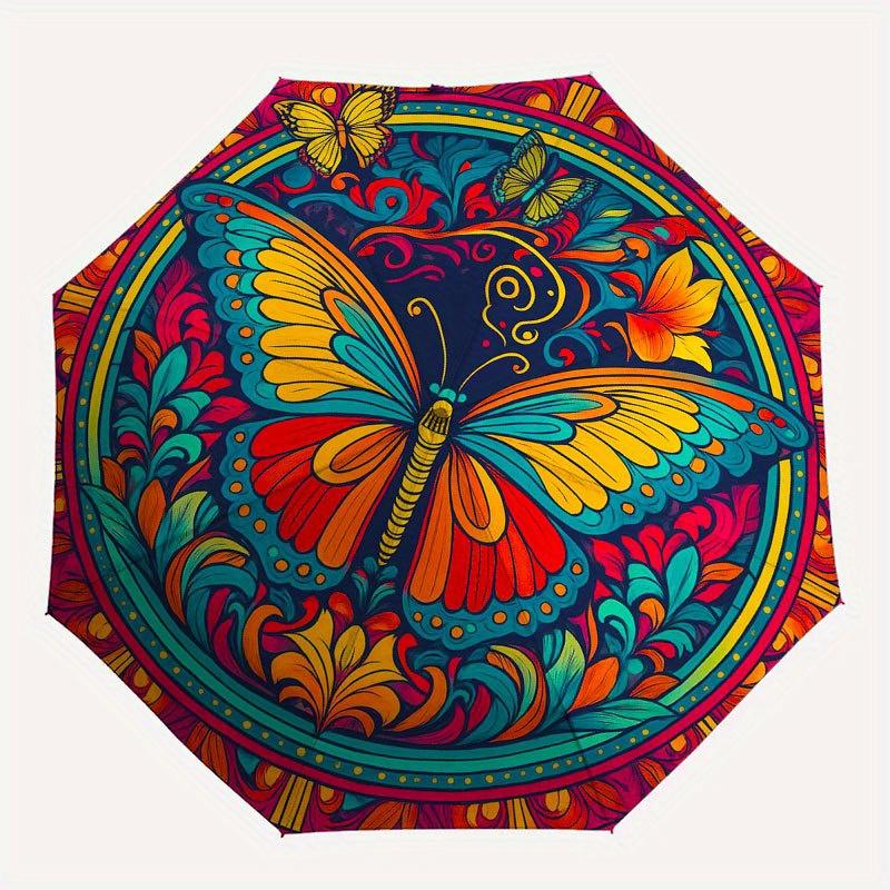 Colorful Butterfly Mandala Art Print, Vibrant Nature Design for Home Decor Umbrella, Cute Umbrella with Cute Design, Portable 3-Fold Compact Umbrella
