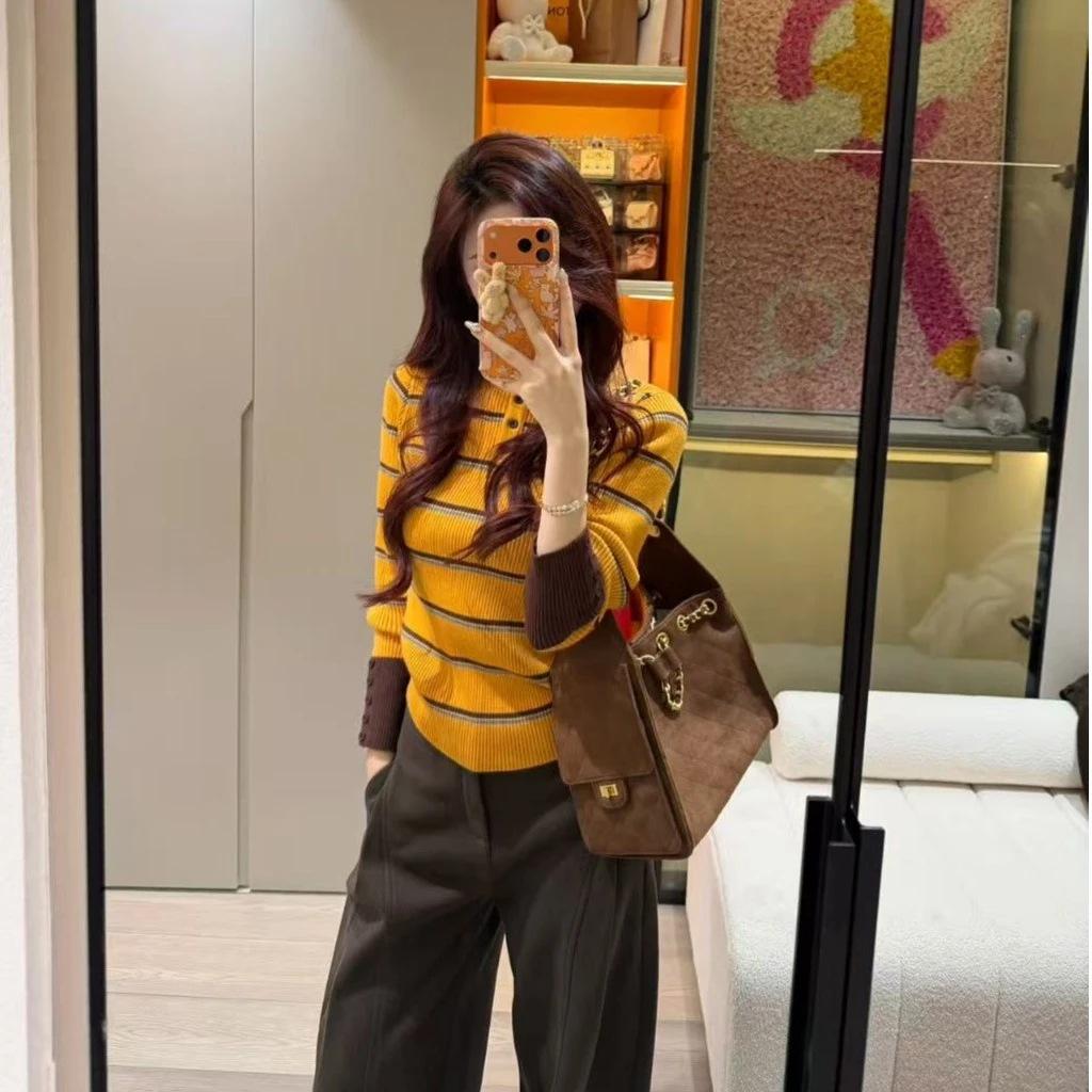 Literary and artistic style contrasting color striped button-knitted sweater women's autumn and winter retro chic semi-turtleneck bottoming top