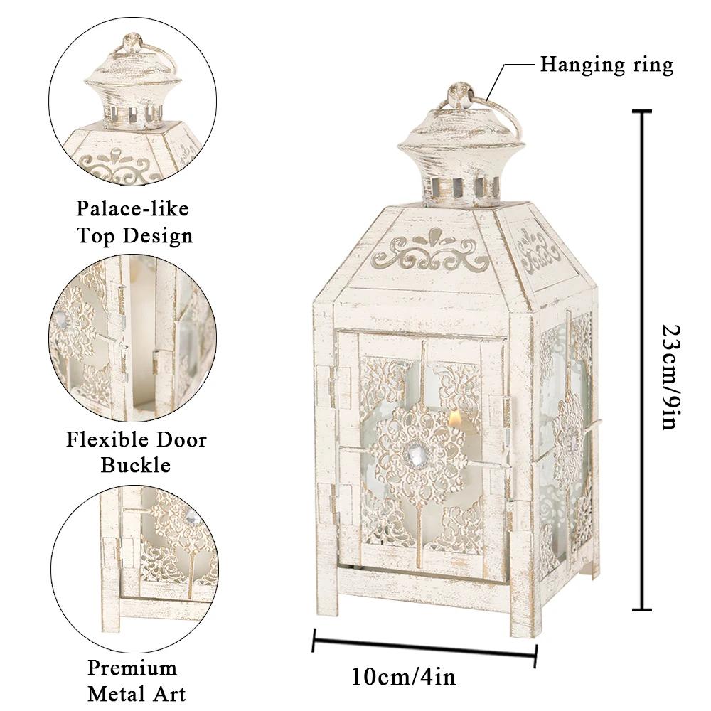 CDecorative Lantern 9.5" High Metal Candle Lantern Vintage Style Hanging Lantern (White with Gold Brush)