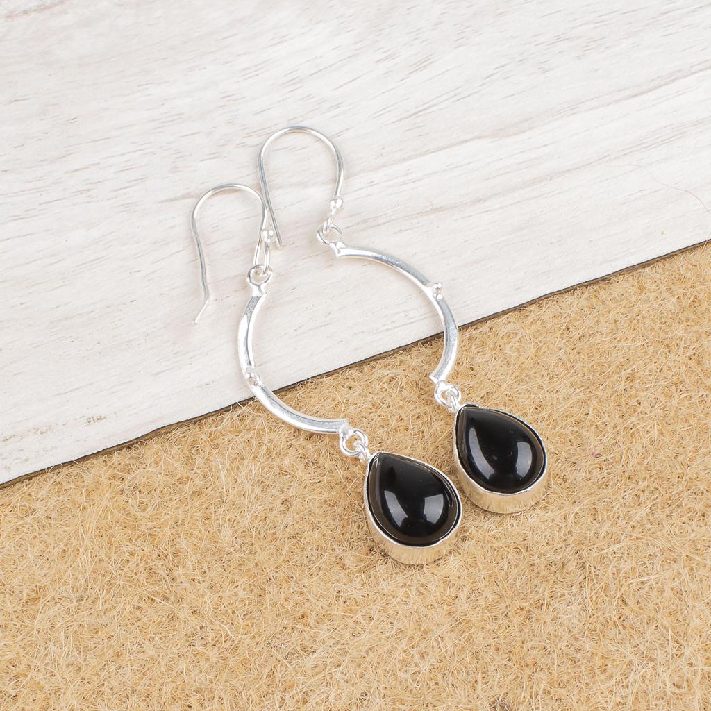 Bijoux en Pierre Gemme Cabochon Onyx Noir, Boucles d'Oreilles en Argent Sterling 925, Belles Boucles d'Oreilles en Argent Onyx pour Cadeau de Thanksgiving