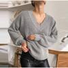 Autumn and Winter Women's Knitted Sweater Casual Pure Color Long Sleeved V-neck Pullover