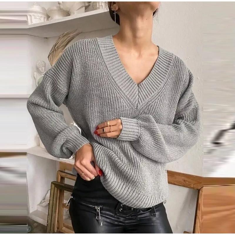 Autumn and Winter Women's Knitted Sweater Casual Pure Color Long Sleeved V-neck Pullover