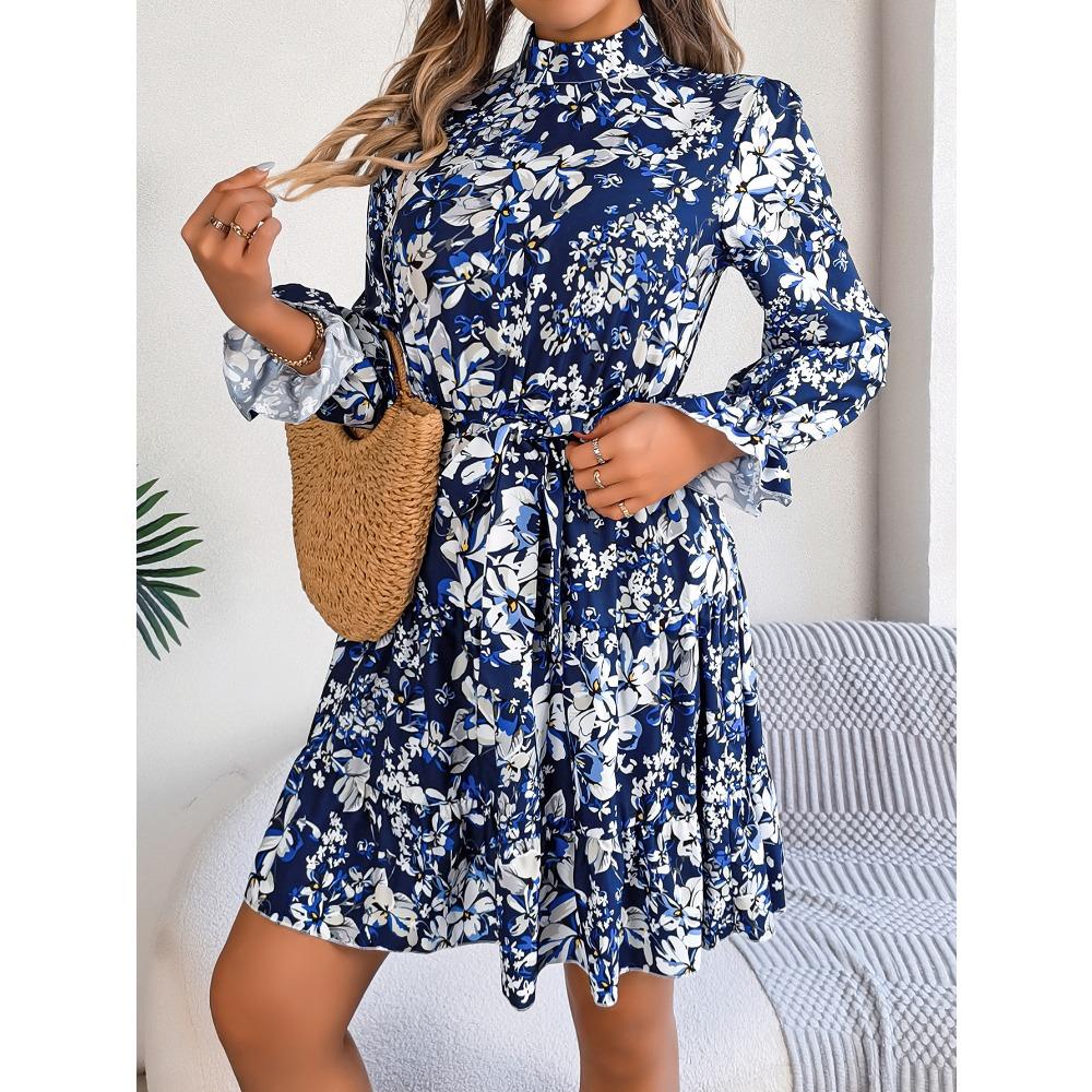 Robe Florale pour Femme Élégante Col Montant Floral Taille Marquée Manches Longues Volants Jupe A-Ligne