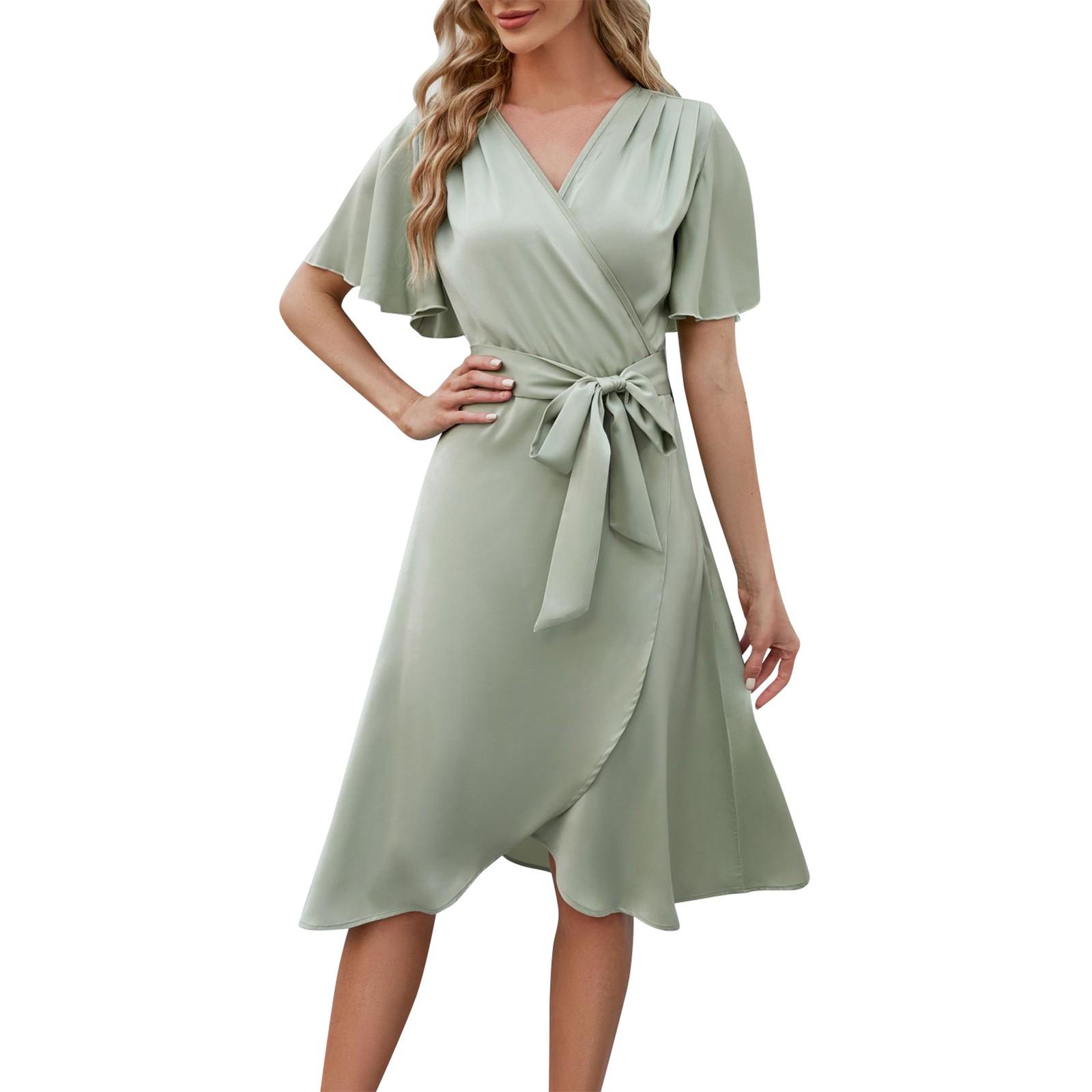 

Summer Women s Satin V-Neck Waisted Bell Sleeves Comfortable And Sexy Dress L