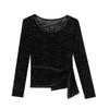 New Long Sleeve Striped Flocking T-shirt Women's O-Neck Hot Diamonds Tees Fashion Irregular Elastic Slim Tops Shirts