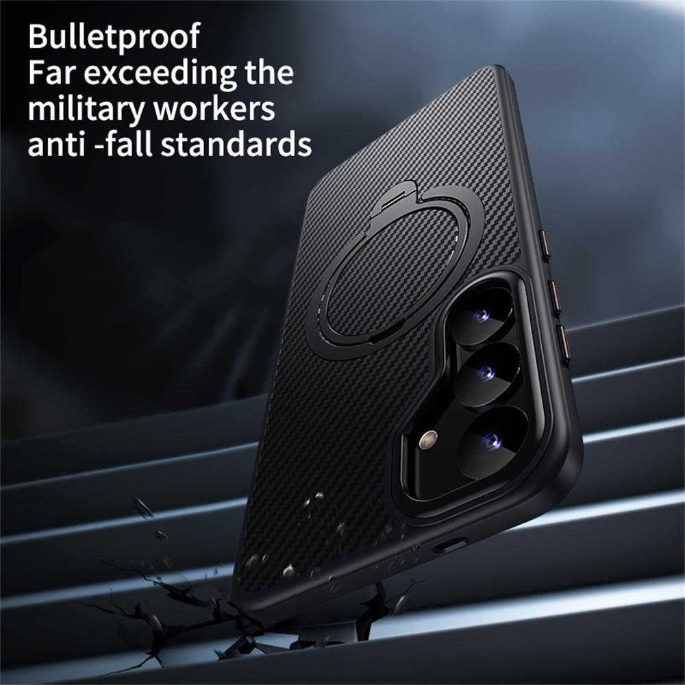 For Samsung Galaxy S24 Case Compatible with MagSafe PC+TPU Phone Cover Ring Holder Carbon Fiber Texture