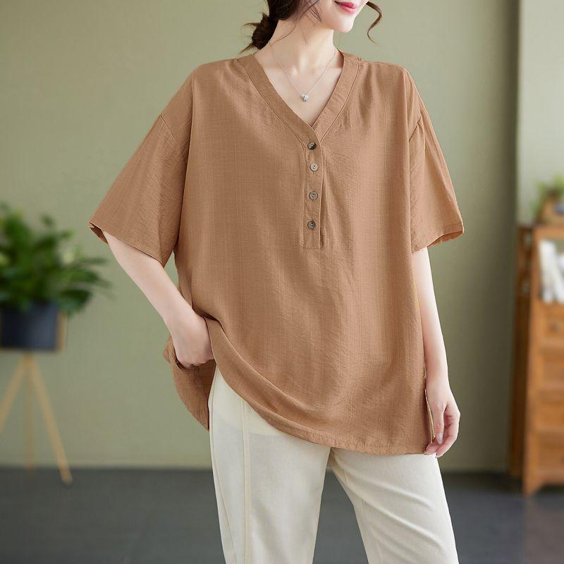 Summer Women's Linen Blend Blouse Loose V Neck Short Sleeve Casual Top