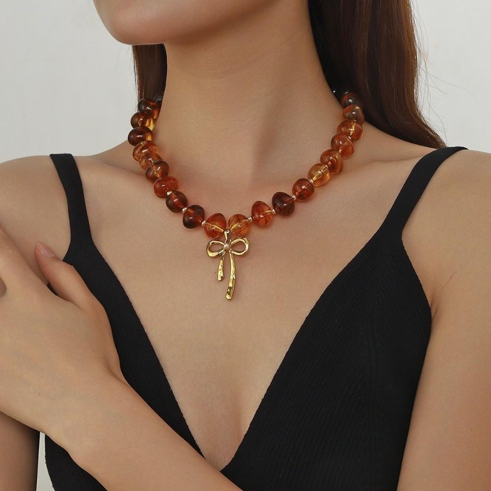Fashion Resin Beaded Necklace Round Multicolor Bow Pendant Choker Jewelry Boho Women Clavicle Chain Travel