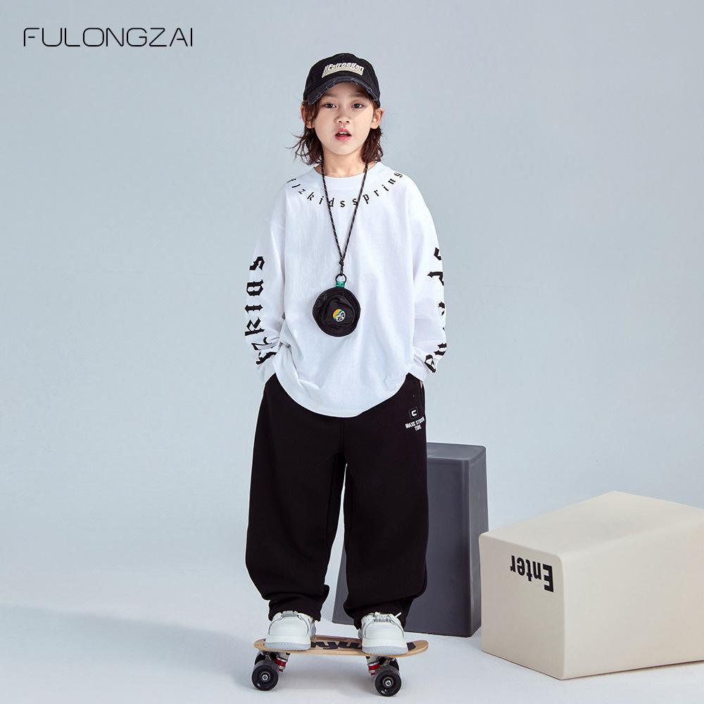 FULONGZAI 2025 Spring Korean Letter T-Shirt for Kids: Unisex, Medium to Large Sizes