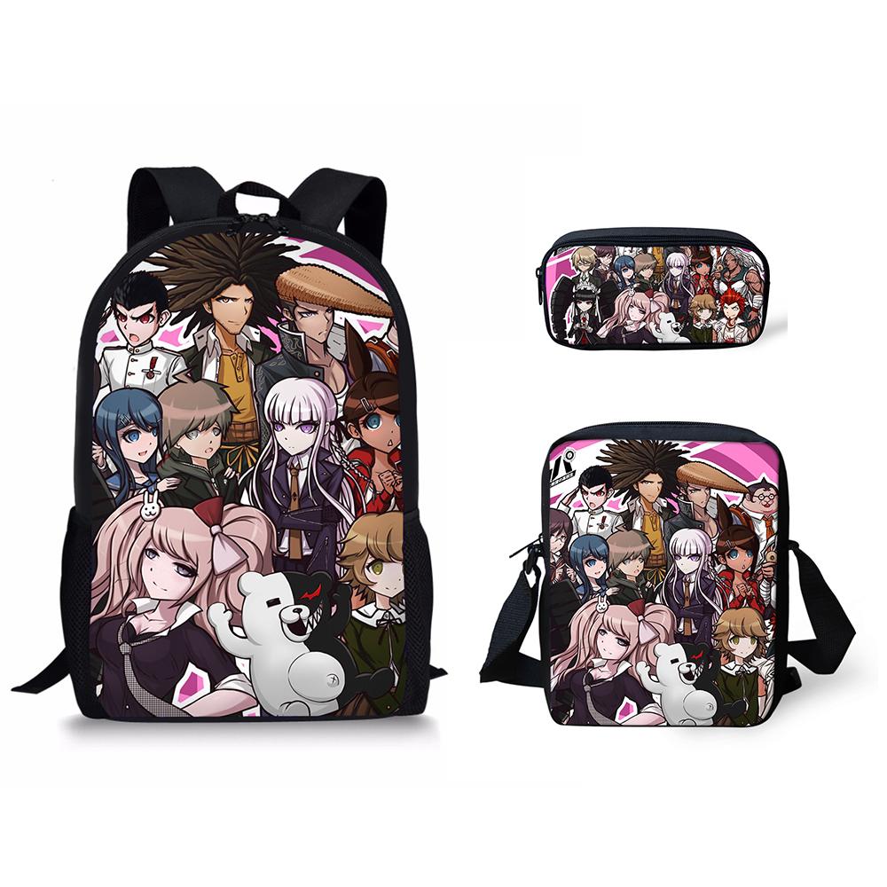 Classic Danganronpa Pattern 3D Print 3pcs/Set Pupil School Bags Laptop Daypack Backpack Inclined Shoulder Bag Pencil Case
