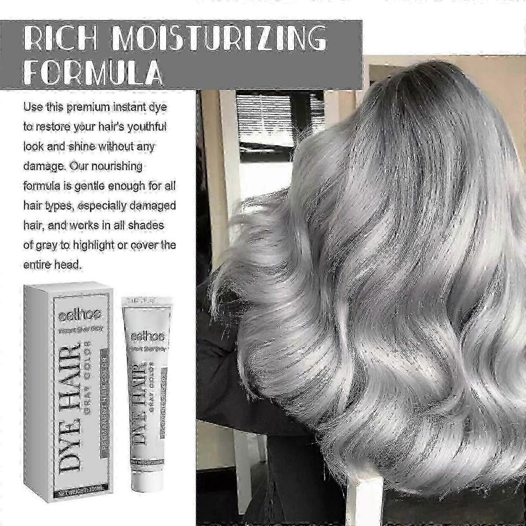 Stříbrnošedá barva na vlasy v krémové formě, Unisex stříbrná barva na vlasy, Dlouhotrvající nepoškozující barevný krém pro ženy a muže, 2025