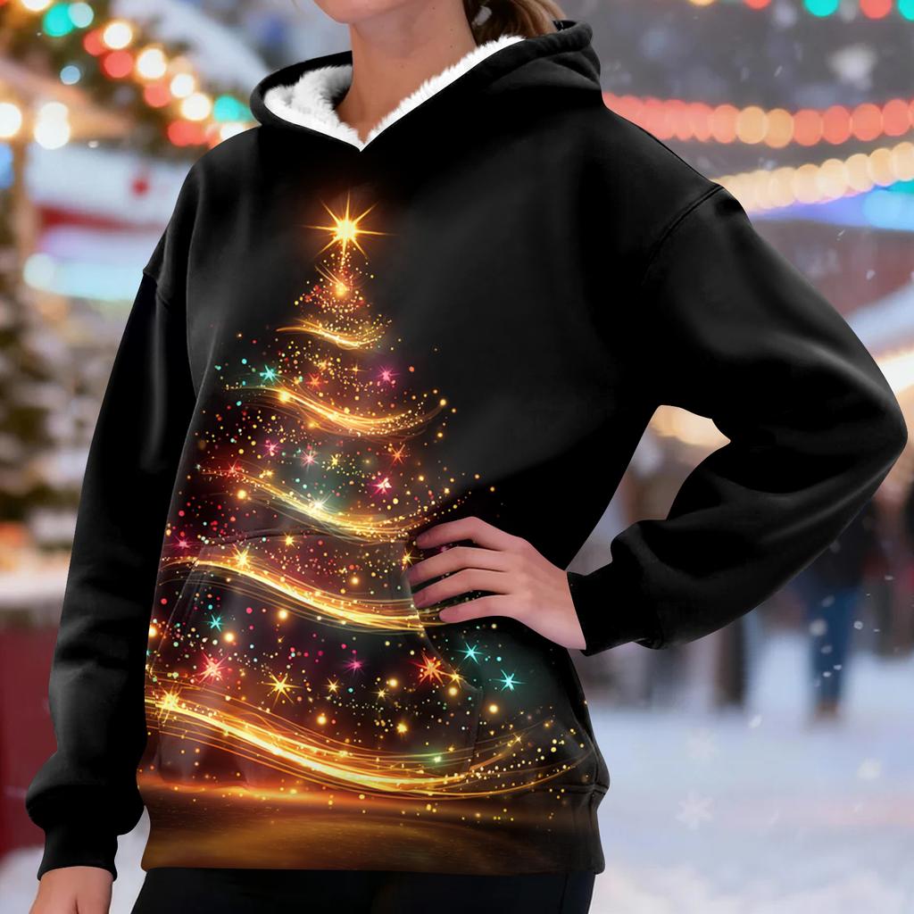 Women's Casual Fashion Plus Velvet Thickened Christmas Print Hooded Sweatshirt