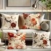 4Pcs Vintage Peony & Daisy Floral Throw Pillow Covers - Soft Velvet With One-Sided Print, Beige/Brown/Orange/Red, Zip Closure