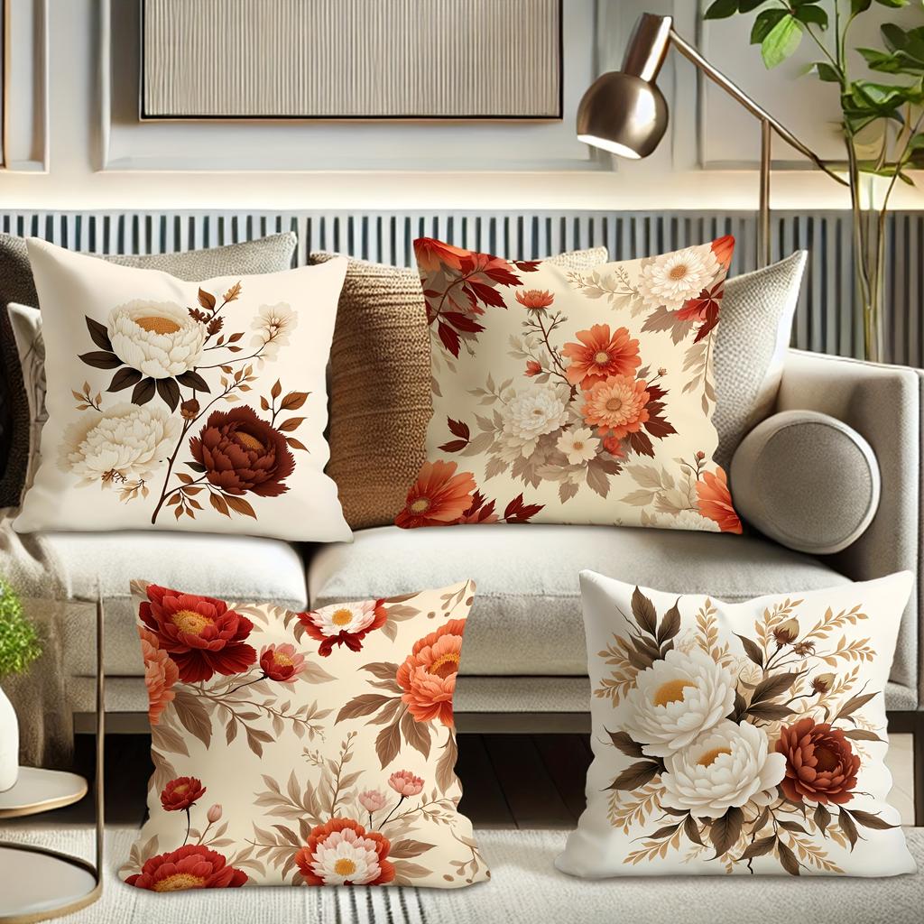 4Pcs Vintage Peony & Daisy Floral Throw Pillow Covers - Soft Velvet With One-Sided Print, Beige/Brown/Orange/Red, Zip Closure
