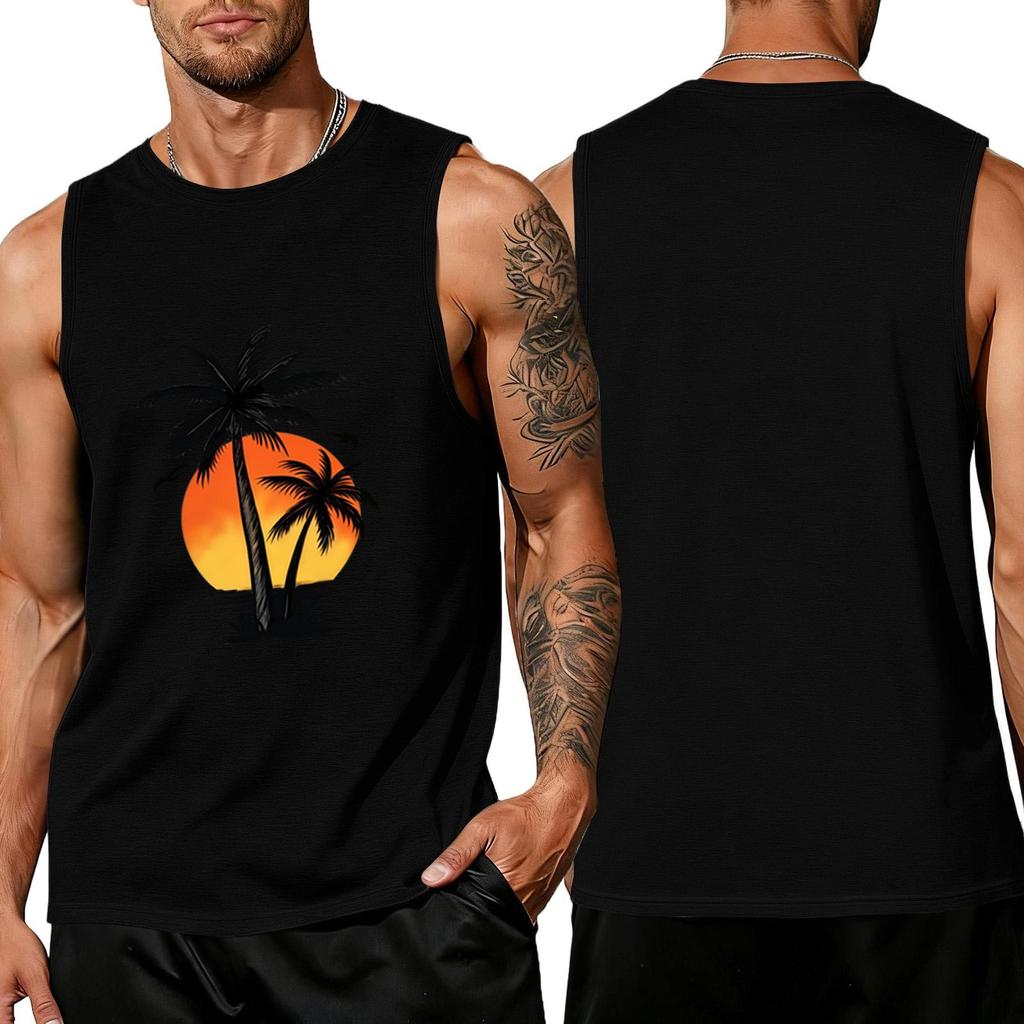 Men Sleeveless Crew Neck Tank Top with Tree and Print Relaxed Fit Casual Shirt for Summer Outdoor Use