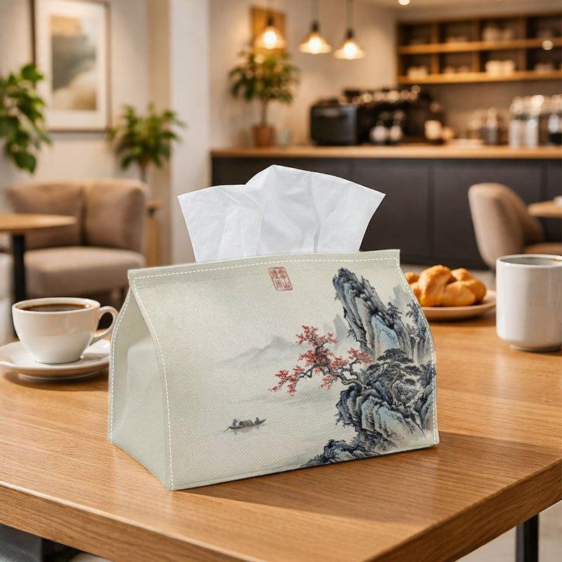 1pc Chinese Landscape Tissue Box Holder with Watercolor Mountain And River- Washable Polyester Fabric Case Suitable for Living Room, Bathroom, Car, De
