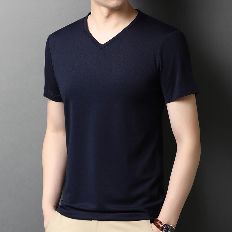 Kurzarm-T-Shirt aus Maulbeerseide für Herren mit V-Ausschnitt, einfarbig, für den Sommer, dünn, atmungsaktiv, Eisseide, schmale Passform, vielseitiges Oberteil L beige