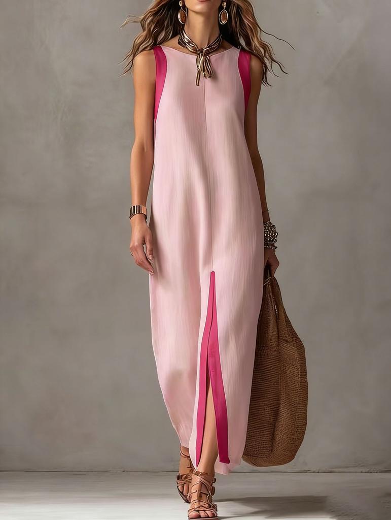 Amazon 2026 cross-border European and American summer new women's casual temperament sleeveless contrasting color split linen dress