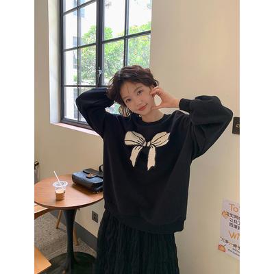 Season's New Round Neck Bow Printing Large Size Loose Sweater Women's Clothing Fleece Affordable