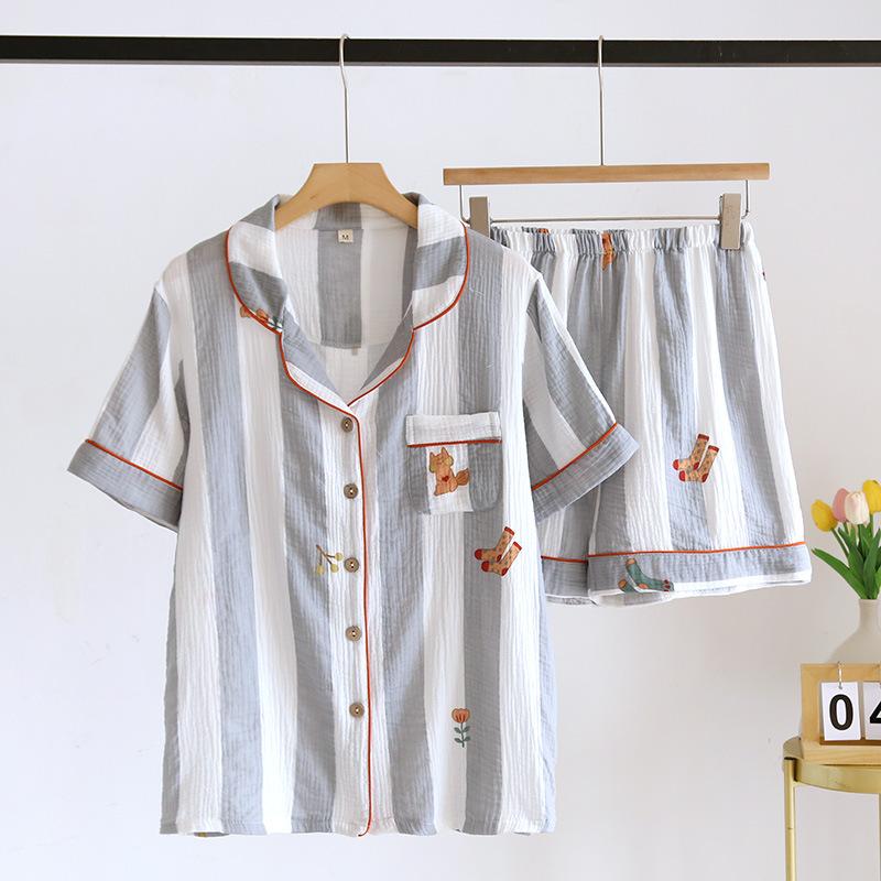 Neues japanisches Damen-Sommerpyjama-Set mit kurzen Ärmeln und Shorts, Damen-Baumwollkrepp, vertikal, niedliches Heimtextilien-Zweiteiler-Set