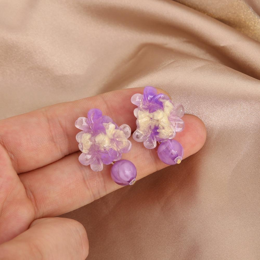 1pair Resin Fabric Fabric Flower Earring Tassel Drop Earring  Vacation Beach Daily A-purple
