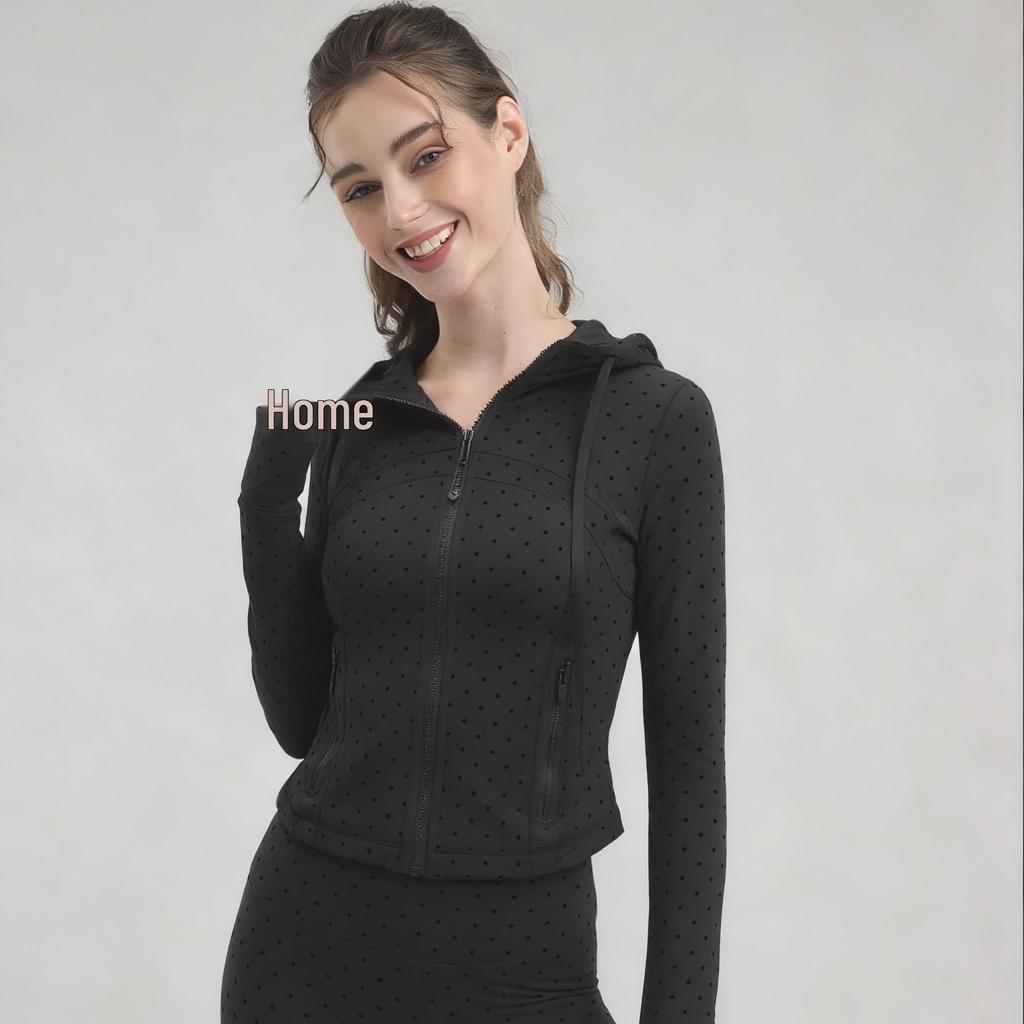 Dámská flísová mikina s kapucí a puntíky - Dlouhý rukáv, zapínání na zip, fitness top