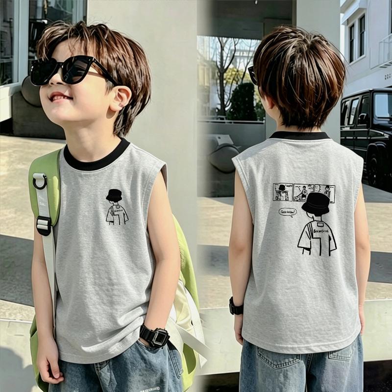 Boys' Contrast Color Cotton Vest T-shirt - Summer 2026 New Arrival, Medium/Large Sizes, Patchwork Sleeveless Top