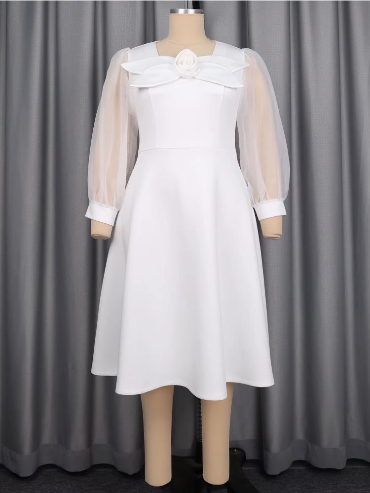 Elegantes Damen Weißes A-Linien Midi-Kleid 3D Blume Eckiger Ausschnitt Lange Transparente Ärmel Plissiert Stilvoll Abendparty Hochzeitsgast Kleid