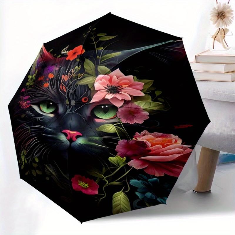 1pc Domineering BlackCat & Flowers Pattern Automatic 3-Fold Umbrella, 8 Iron Frames, High-Value Folding Umbrella, Suitable for Office, Trave