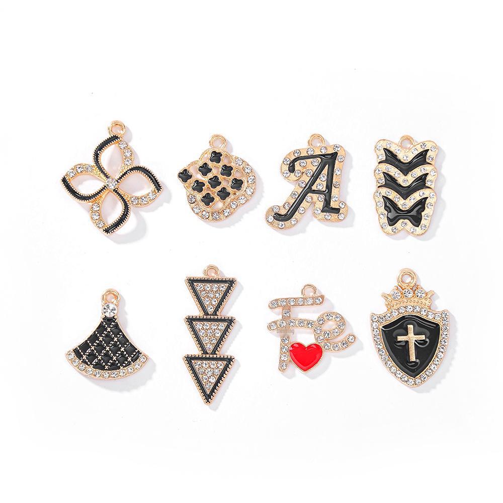 Stilvolle DIY Legierung Zirkon Anhänger Halskette & Ohrringe mit schwarzem Öltropfen Buchstaben Design